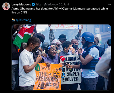 Kenia: Obamas Schwester zeigt sich solidarisch mit kenianischen Jugendlichen und wird mit Tränengas angegriffen